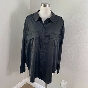 Equipment Womens Plus 3X Black Satin Button Up Shirt Stretch Long Sleeve Blouse